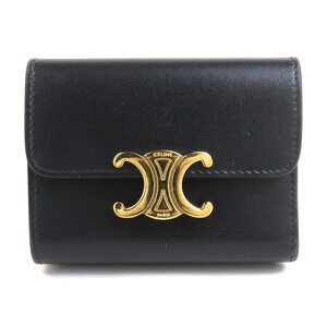 Celine Triomphe Leather Tri fold Wallet Black